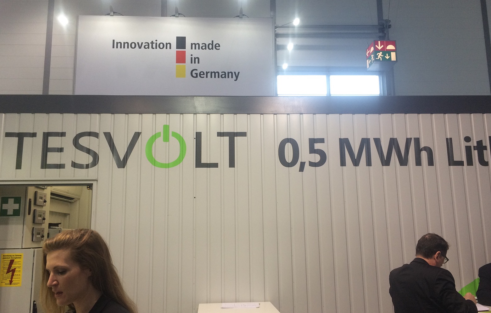 Tesvolt stand at Energy Storage Europe, featuring mock-up large-scale containerised storage system. Image: Andy Colthorpe.