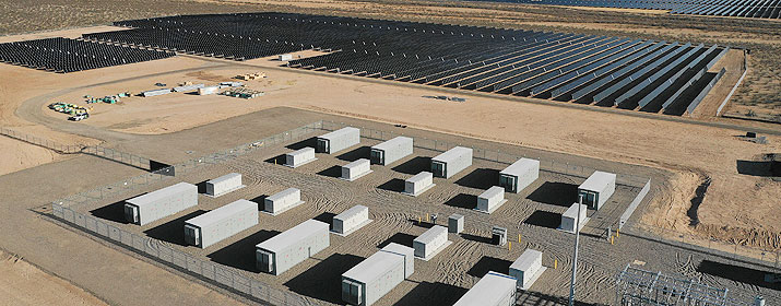 Aerial view of the Tucson Electric Power Wilmot Energy Center solar-plus-storage project, with BESS installation in foreground and solar PV array in background. 