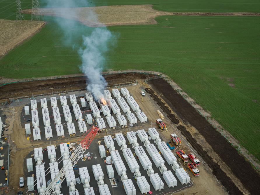 Aerial photograph of the Victorian Big Battery BESS in Australia, taken as two Tesla Megapack units caught fire during the commissioning test phase. 