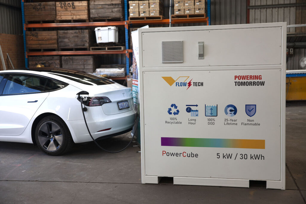 Vanadium redox flow battery-based electric vehicle charging unit, at a trial project in Western Australia. 