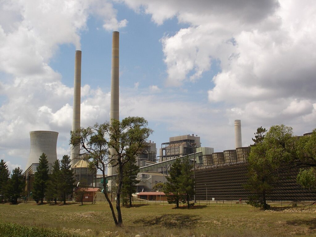 Photograph of towers and cooling stack at Wallerawang coal power plant in New South Wales, which was decommissioned and demolished a few years ago. 