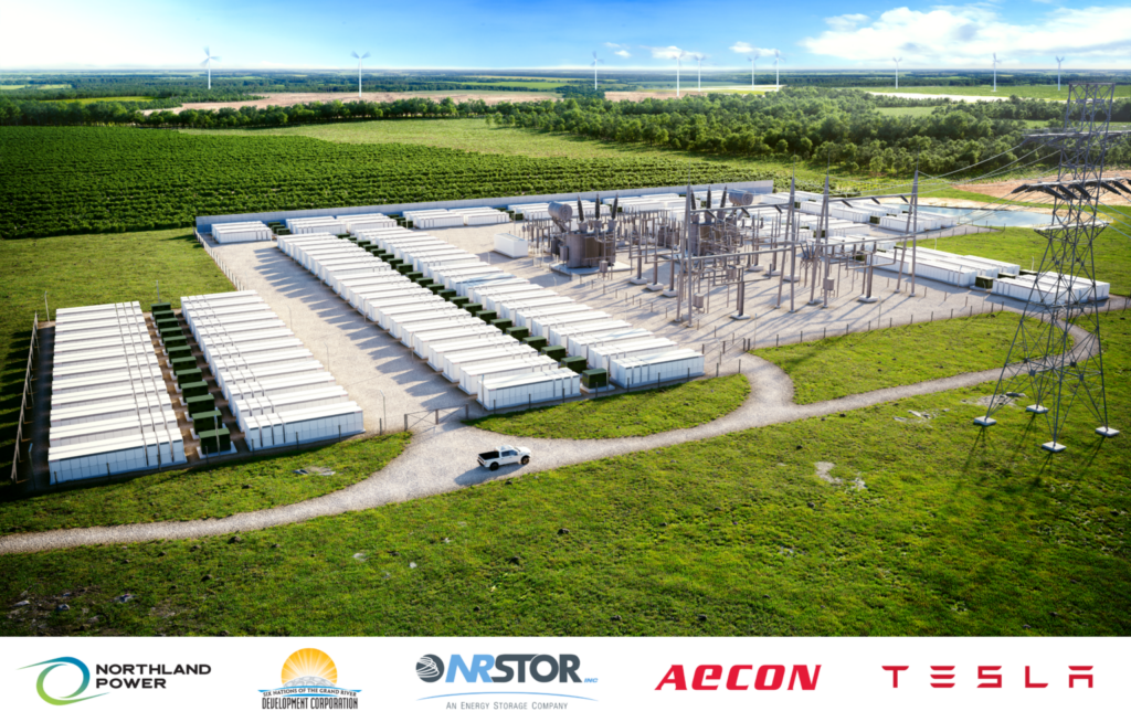 Rendering of Oneida, a 250MW/1000MWh battery storage project in Ontario, Canada. Rendering includes containerised BESS and associated power infrastructure with wind turbines in background. Listed below the rendering are project partner logos for Northland Power, Six Nations of the Grand River Development Co, NRStor, AECON and Tesla. 