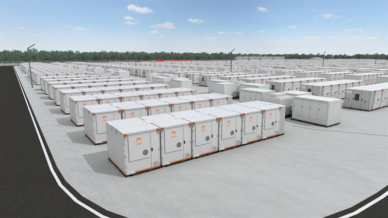 Computer-generated image shows a rendering of rows of Wärtsilä battery storage units at a project site in Australia, featuring the Origin Energy company logo.
