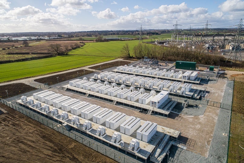 Aerial view of Pillswood BESS large-scale battery storage asset in northern England.