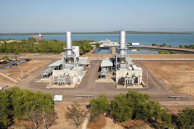 Photograph of turbine stacks at Channel Island, the main gas-fired power plant in the Northern Territory's Darwin-Katherine Interconnected System.