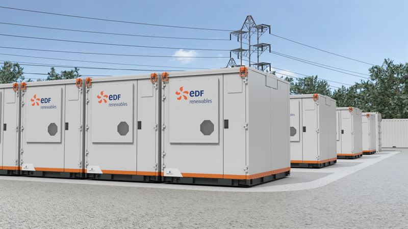 Computer rendering of Wärtsilä BESS units with EDF Renewables logo branding.