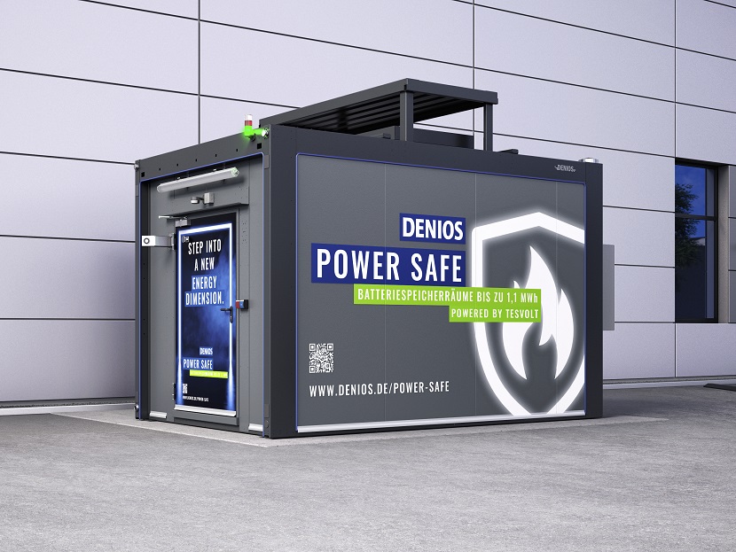 A POWER SAFE system manufactured by Denios, putting the Tesvolt battery storage equipment inside a 'spatial system'.