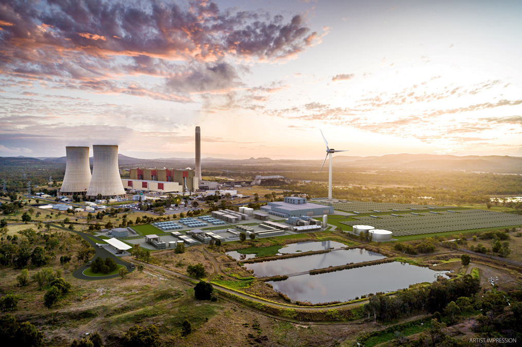 Artist rendering of Stanwell Clean Energy Hub, a mixed renewable energy development at the site of a retiring fossil fuel power plant in Queensland. Installation includes solar PV, wind turbine and battery storage, while cooling towers can be seen in the background. 