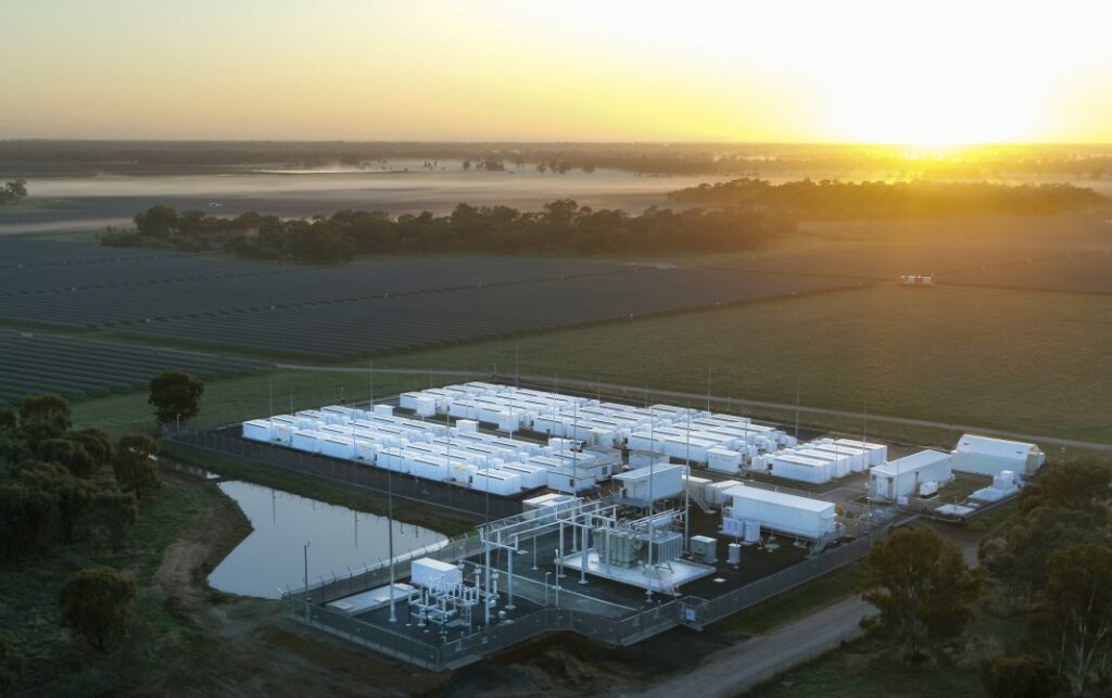 Aerial view of Edify Energy's BESS project in New South Wales, with substation infrastructure in foreground and Tesla Megapack BESS units behind. 
