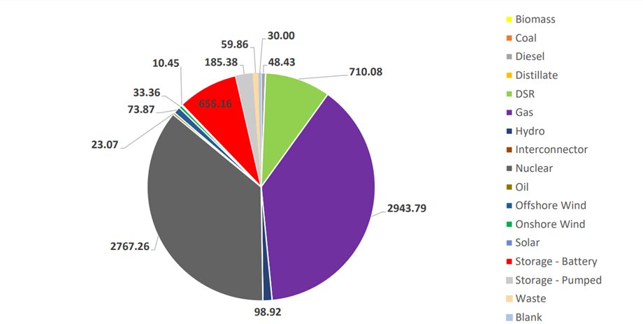 Pie chart showing the split of contracts awarded by technology type. Gas has the biggest share at 2943.79MW. 