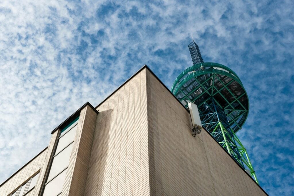 Image of a radio transmitter mounted on a building in Finland. Part of Elisa's Radio Access Network.