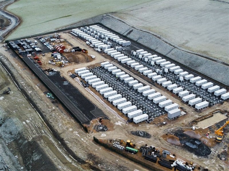 Aerial view of the 200MW/400MWh first phase of Black Hillock, a BESS project which is being equipped with advanced inverters. Images shows project during construction, taken recently. 