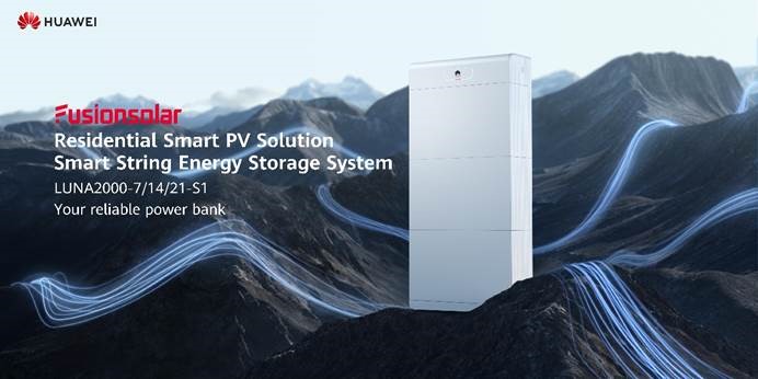 Promotional illustration of Huawei residential smart PV solution smart string energy storage system, placed on a mountain landscape with blue streaks symbolising flow of energy. 