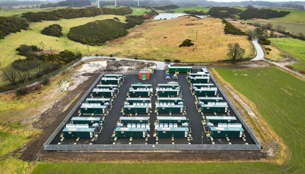 Aerial photograph of lithium-ion battery storage containers at Camilla, NextEnergy Solar Fund's new project. 