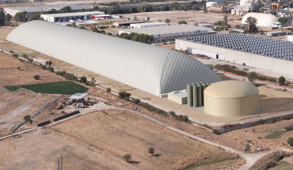 Rendering of of Energy Dome’s first full-scale CO2 Battery in Ottana, Sardinia, Italy. Image: Energy Dome. LDES