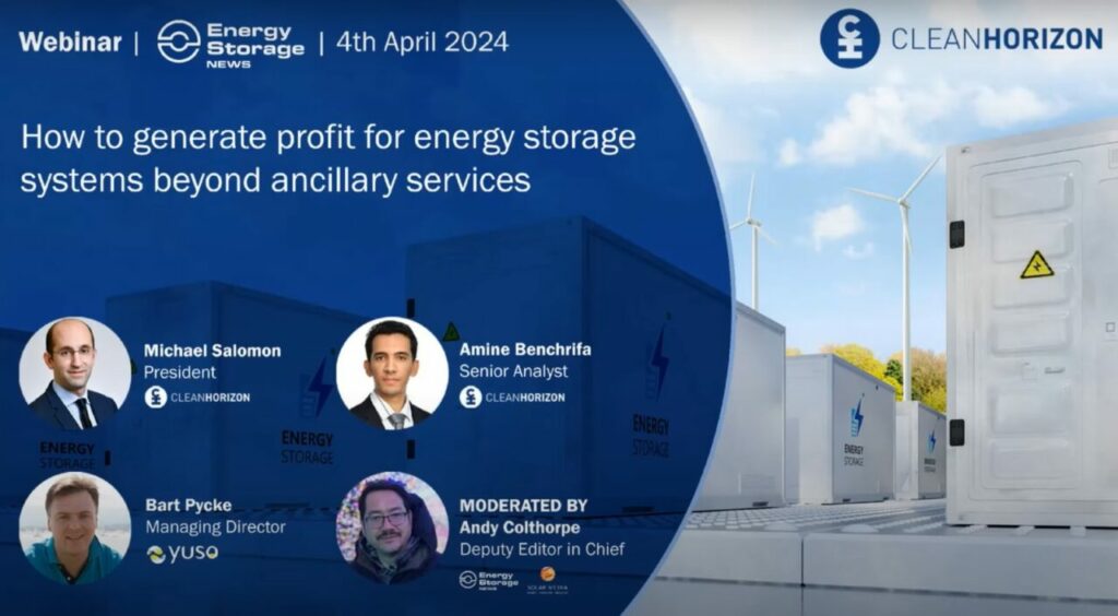 Landing page for the webinar focusing on how the business case for battery storage evolves beyond ancillary services. Background is a stock image of a battery storage plant with wind turbines. Foreground shows speaker headshots and job titles. 
