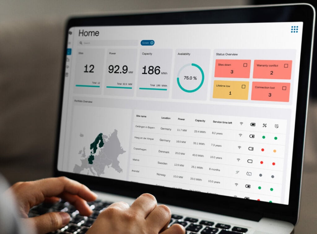 A user dashboard on a laptop computer shows asset operations data for a fleet of battery storage assets in Europe. 