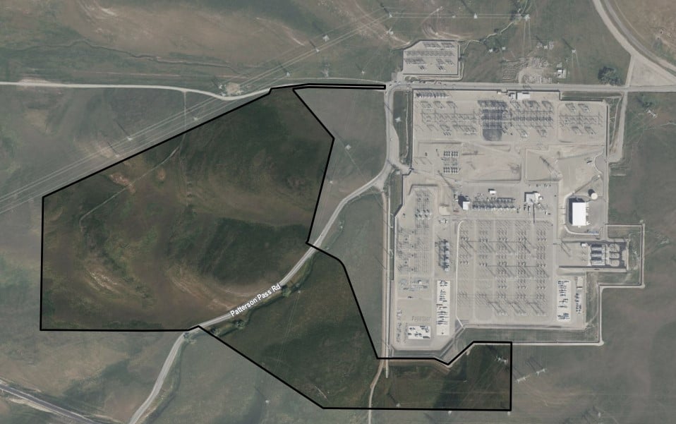 Aerial satellite photograph of the proposed site, with a line layout of the BESS asset area next to substation infrastructure, taken from proposal submitted to the California Energy Commission. 