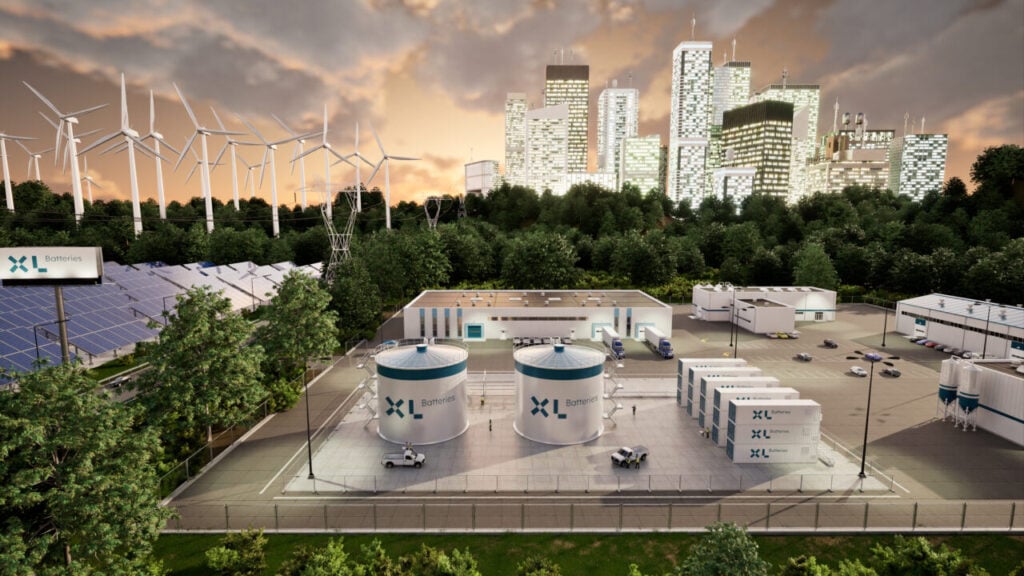 Rendering of a large-scale flow battery project, with electrolyte tanks and battery stacks in foreground, surrounded by renewable energy generation and industrial operations. 