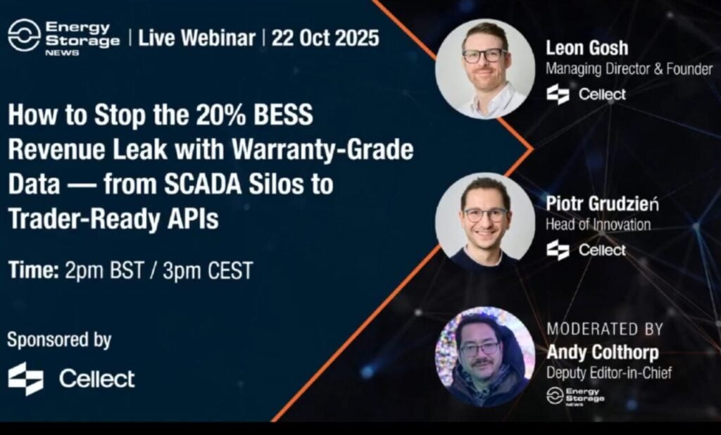 Landing page for the webinar shows the full title, How to Stop the 20% BESS Revenue Leak with Warranty-Grade Data from SCADA Silos to Trader-Ready APIs, along with headshot photographs of the three speakers.