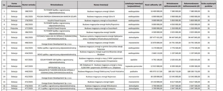 A screenshot of a list of energy storage projects that have progressed to the next round of a capex support scheme in Poland