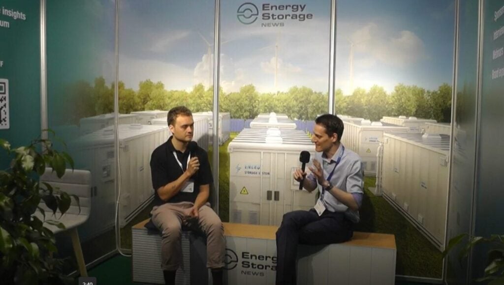 Energy-Storage.news' Cameron Murray and Fluence's Lars Stephan in discussion at last month's Smarter E Europe trade show. Image: Solar Media.