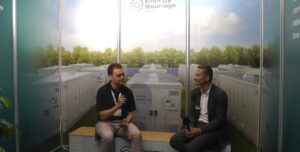 Simon Slapka, MD for Data Services, BayWa r.e., with Energy-Storage.news' Cameron Murray at the Smarter E Europe trade show last month