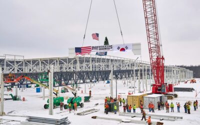 Construction picture of the Ultim Cells factory in Warren, Ohio as structural steel went up in 2021. The plant is now up and running. Image: Roger Mastroianni for General Motors