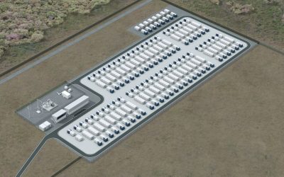 Rendering of how another AGL battery storage facility, at Torrens Island in South Australia, will look when completed. Construction began in November 2021 with Wärtsilä providing BESS technology. Image: AGL.