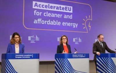 AccelerateEU's launch (L-R): EC chief spokesperson Paula Pinho, Executive Vice-President for a Clean, Just and Competitive Transition and Commissioner for Competition Teresa Ribera and EU Commissioner for Energy and Housing, Dan Jørgensen. Image: © European Union, 202X, licensed under CC BY 4.0