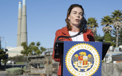 California Assemblymember Dawn Addis gave a press conference to present AB 303 in front of the smoke stacks at Moss Landing, 27 January. Image: Assemblymember Dawn Addis