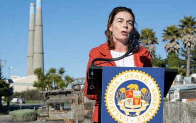 California State Assemblymember Dawn Addis gives a press conference in January after the fire at Moss Landing on her proposed Battery Energy Safety & Accountability Act, which has not been adopted. Image: Assemblymember Dawn Addis