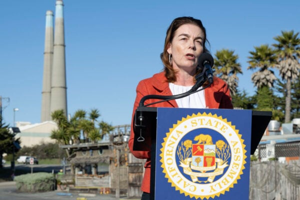 California State Assemblymember Dawn Addis gives a press conference in January after the fire at Moss Landing on her proposed Battery Energy Safety & Accountability Act, which has not been adopted. Image: Assemblymember Dawn Addis