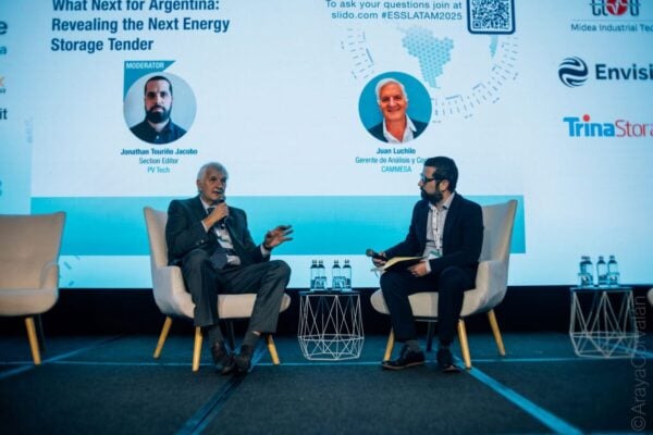 Juan Luchilo, left, spoke at Energy Storage Latin America about Argentina's first standalone BESS tender