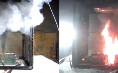 Li-ion module undergoing abuse/ignition testing, smoking on the left and flaming on the right. Image: UL Research Institutes