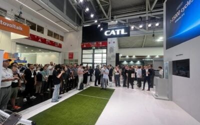 CATL presenting its new sodium-ion BESS product at the The Smarter E trade show and conference in Munich today. Image: Cameron Murray / Solar Media