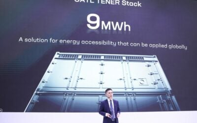 CATL's Hank Zhou, CTO ESS Europe, unveiling the new product. Image: CATL.