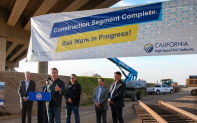 California Governor Gavin Newsom speaking at a January event to kick off CHSRA's Railhead Project in Kern County. Image: CHSRA