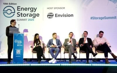 ESN editor Andy Colthorpe (left) moderating a special 'ask-me-anything' panel with representatives from Gore Street Capital, NEOM, BW ESS, Eku Energy and Field Energy. Image: Solar Media
