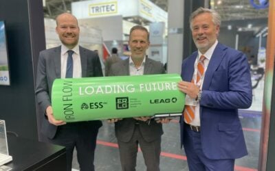 ESS Inc. CEO Eric Dresselhuys (right) at the announcement of the 500MWh project with LEAG in Germany, in 2023. Image: ESS Inc.
