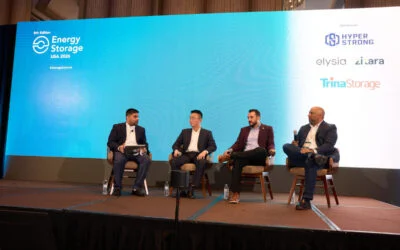 Panellists (L-R): Moderator Raafe Khan, Camelot Energy Group, Chris Liu, Kehua Digital, Frank Rodriguez, Prevalon and Nadim Kanan, BrightNight. Image: Solar Media.