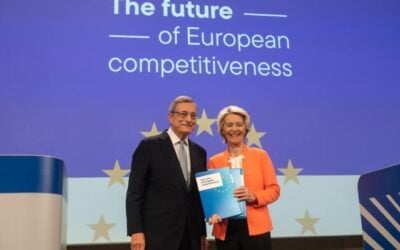 Former European Central Bank president Mario Draghi (left) with EU president Ursula von der Leyen present the report on the future of European competitiveness in September 2024. Image: European Commission