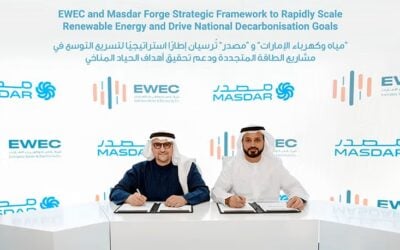 EWEC and Masdar signed an agreement earlier this month the accelerate the development of 30GW of solar PV and 8GW of battery storage in the UAE. Image: Masdar