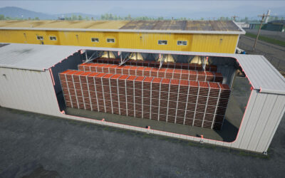 Rendering of containerised stationary storage system with cutaway to show Enervenue ESVs inside. Image: Enervenue.
