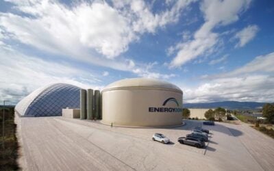 Rendering of Energy Dome's CO2 Battery project in Ottana, Sardinia. The dome-like bubble which stores the carbon dioxide can be seen in the background. Image: Energy Dome.