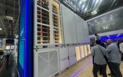 A replica of Fluence’s new 10MWh Smartstack on show at The Smarter E trade show in Munich this week. Image: Solar Media.
