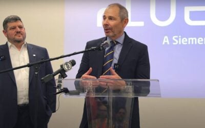 Senator John Curtis (R), speaks at a press conference at the Utah factory. To his right is Fluence's Americas president, John Zahurancik. Image: Fluence via YouTube.