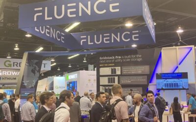 Fluence's stand at the RE+ trade event in California, US, held in September 2024. The company sees the US market as a strong driver of growth, partly due to its domestic content strategy. Image: Andy Colthorpe / Solar Media