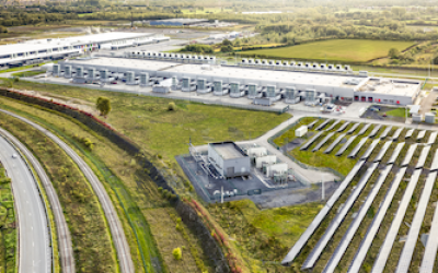 Saint-Ghislain data centre complex in Belgium, with solar PV array in right foreground. Image: Google / Centrica Business Solutions.