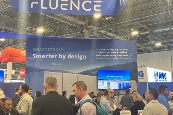 Fluence's exhibition stand promotes SmartStack at the 2025 RE+ trade show in Las Vegas. Image: Andy Colthorpe / Solar Media